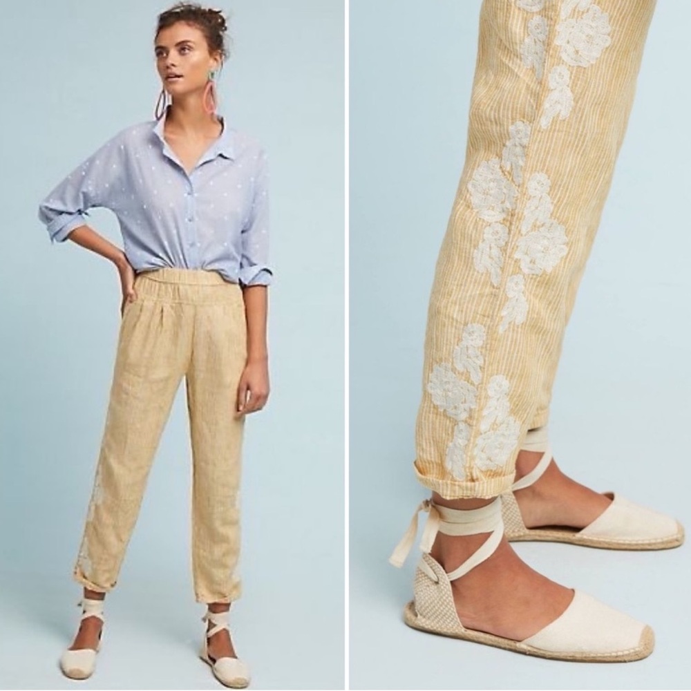 Anthropologie Linen Jogger Pant Floral Embroidered Yellow Cream Pull On Summer